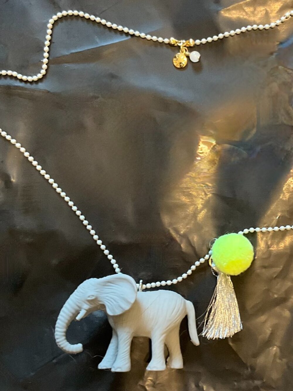 J.CREW CREWCUTS RUBBER ELEPHANT WITH TASSEL AND POM POM PENDANT NECKLACE. GREY.